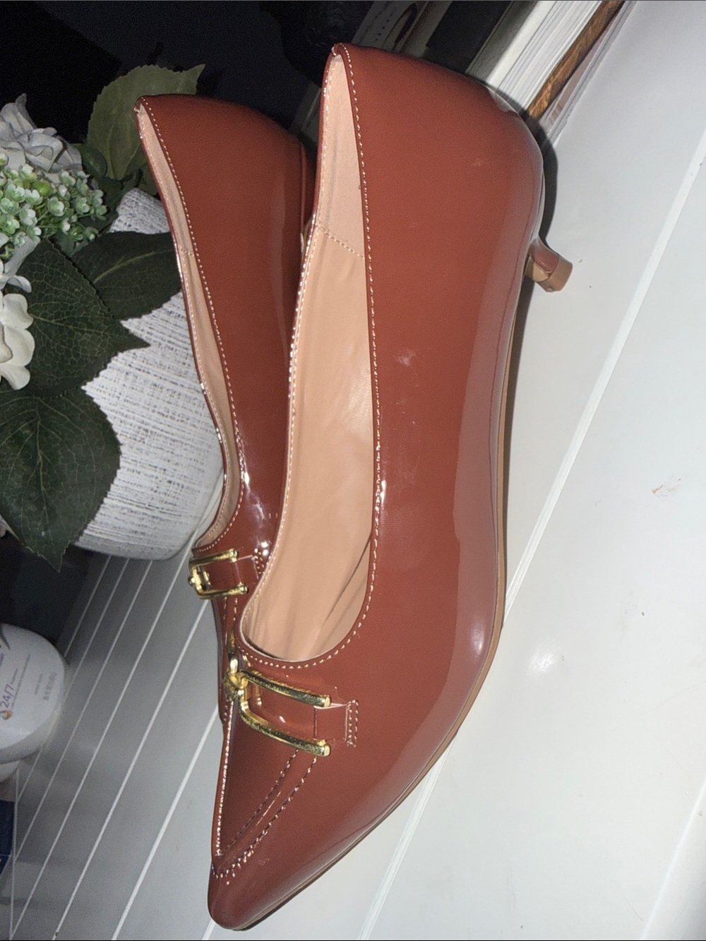 Journee Collection Rust Brown Pointed Toe Kitten Heel Loafer with Gold Buckle - Picture 7 of 8
